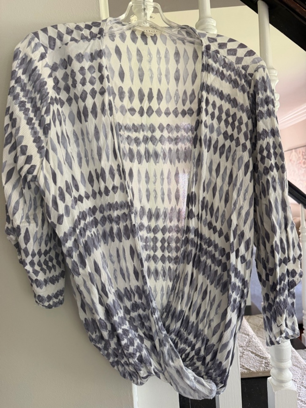 Lightweight White & blue Patterned Open Drape Front